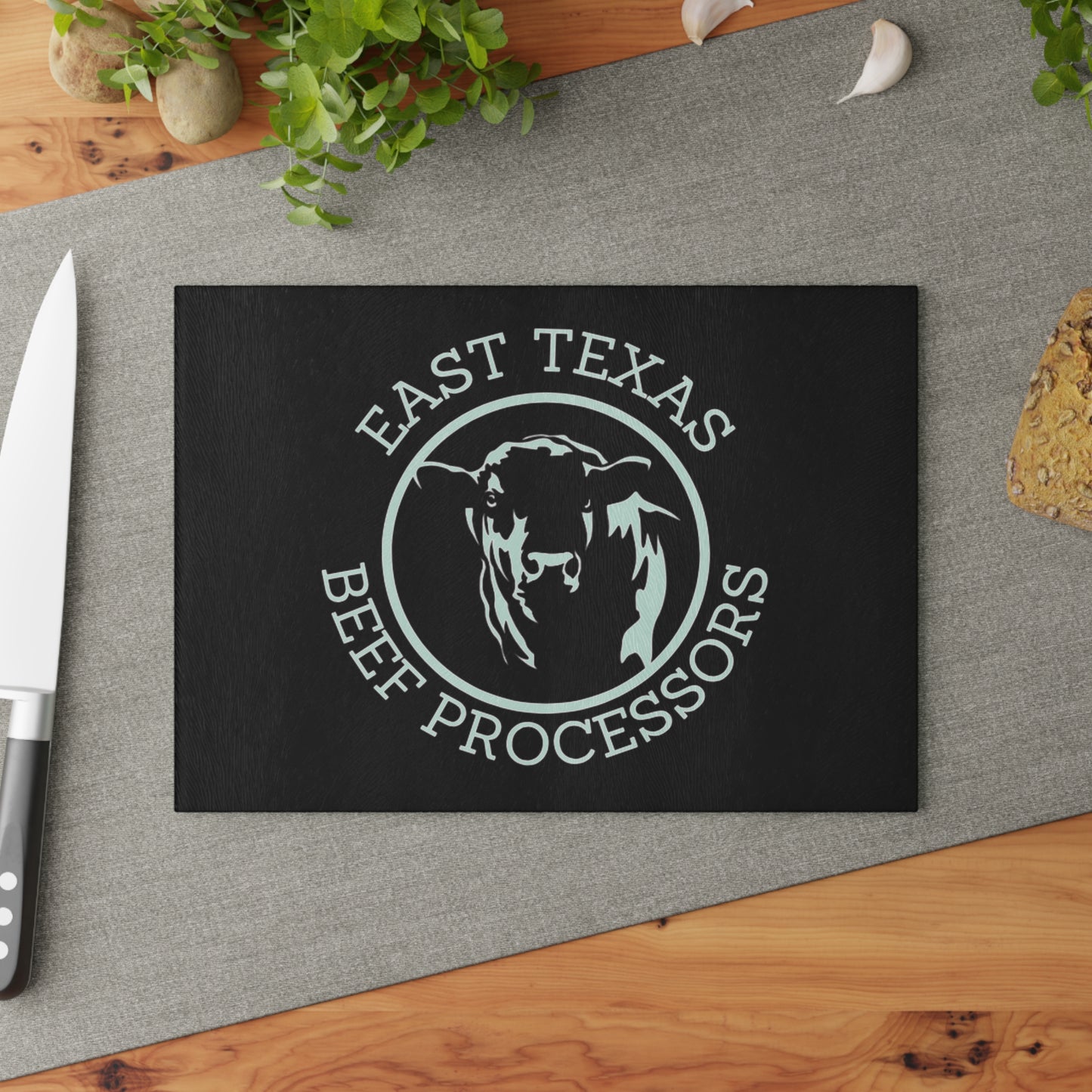 Custom Glass Cutting Board with East Texas Beef Processors Design, Kitchen Gift, Home Decor, Unique Housewarming, Farmhouse Style