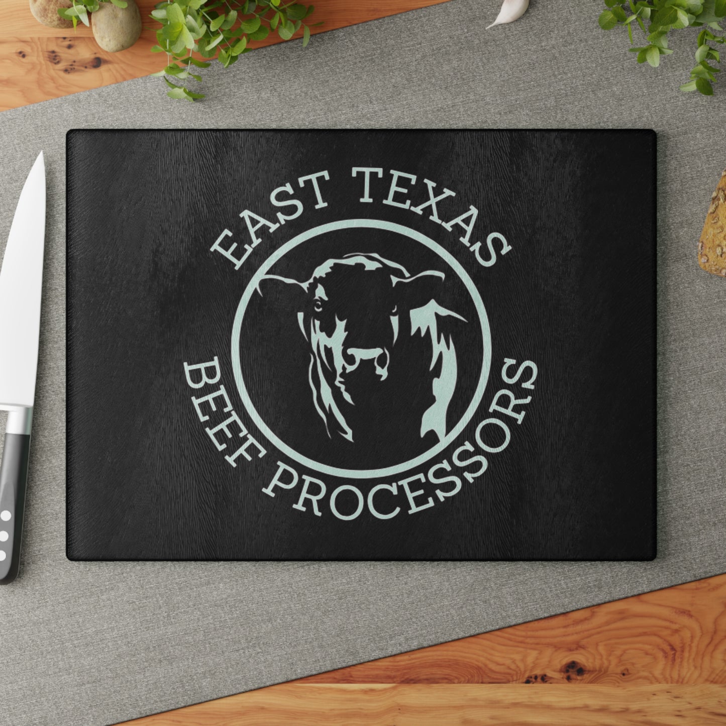 Custom Glass Cutting Board with East Texas Beef Processors Design, Kitchen Gift, Home Decor, Unique Housewarming, Farmhouse Style